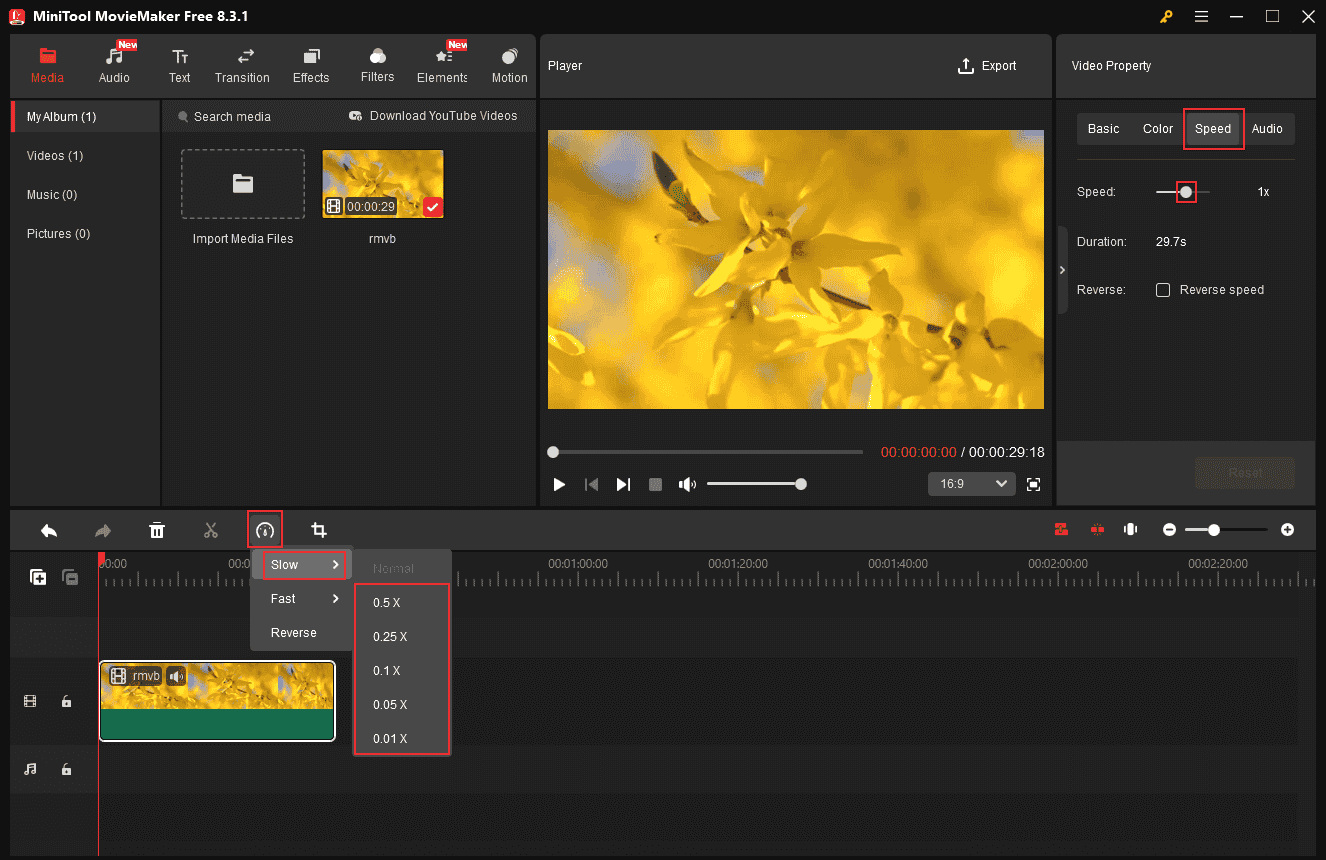 MiniTool MovieMakerでRMVB動画の再生速度を遅くする