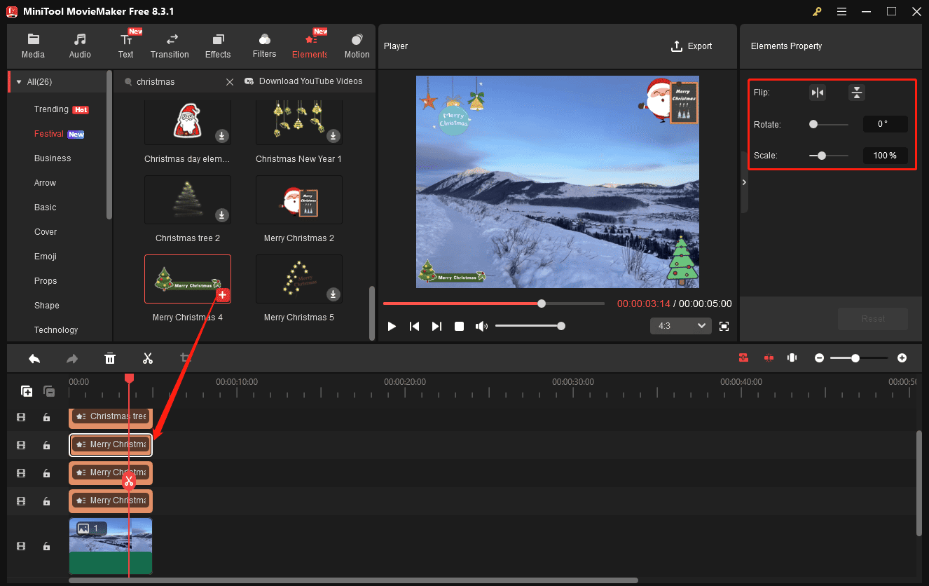 Add and edit the Christmas sticker in MiniTool MovieMaker