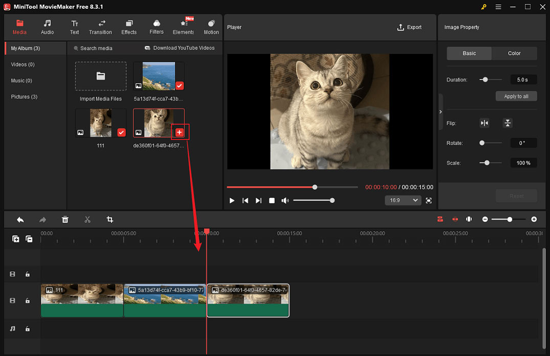 MiniTool MovieMakerで画像のプラス(+)アイコンをクリックして、PNGファイルを1つずつタイムラインに追加