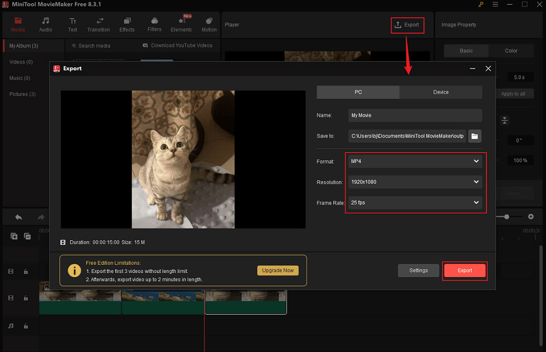 MiniTool MovieMakerで「Export」アイコンをクリックし、エクスポートウィンドウで設定を調整