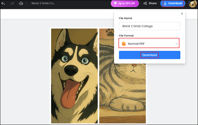 Fotorで「Download」>「File Format」オプションから「Normal PDF」を選択して「Download」をクリック
