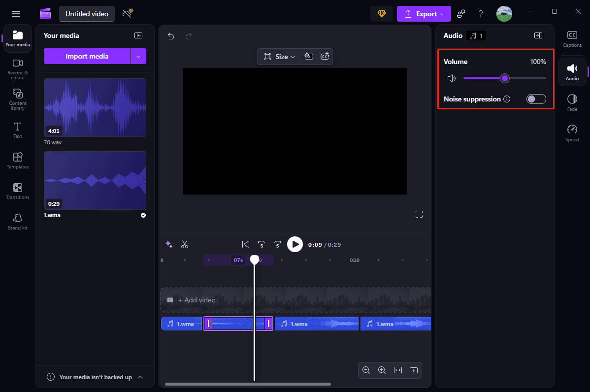 The selected volume adjustment and Noise suppression tools on the right of the Clipchamp interface.