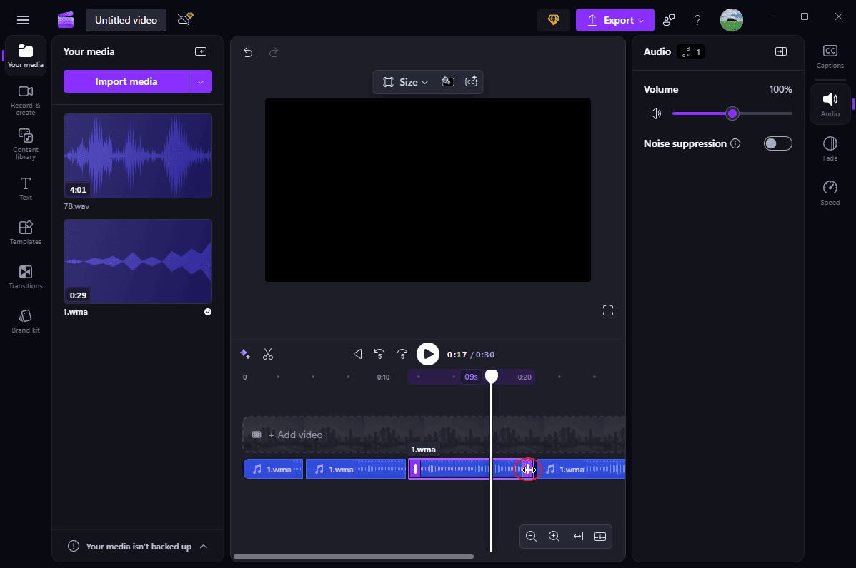 The Trim handle on the edge of the audio clip on the Clipchamp timeline.
