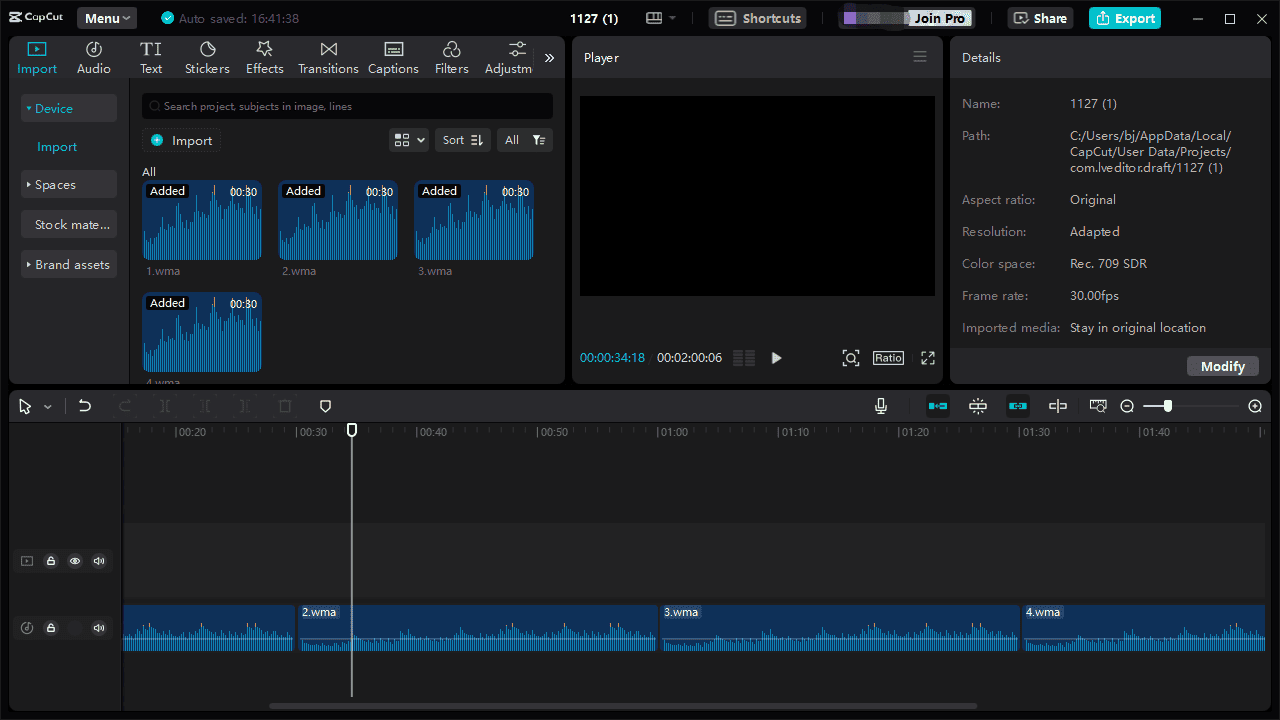 Four WMA files added to the timeline in CapCut.