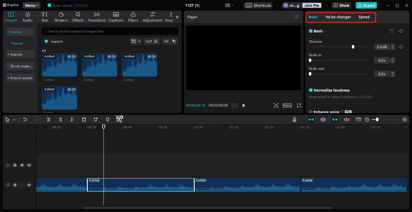 The selected audio editing panel in CapCut.
