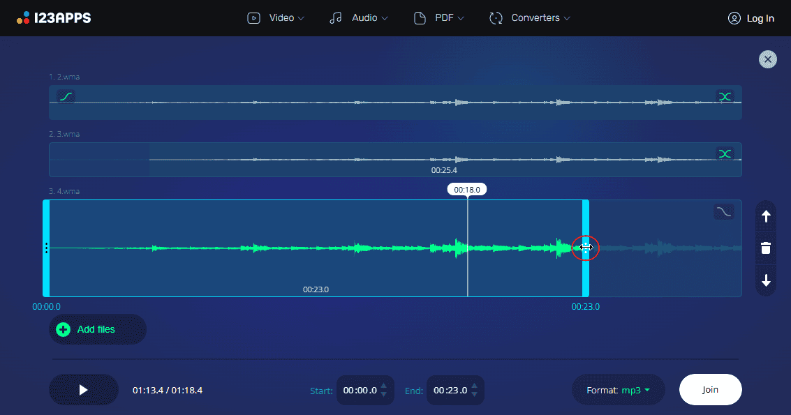 The Trim icon on the edge of the audio clip in Audio Joiner.