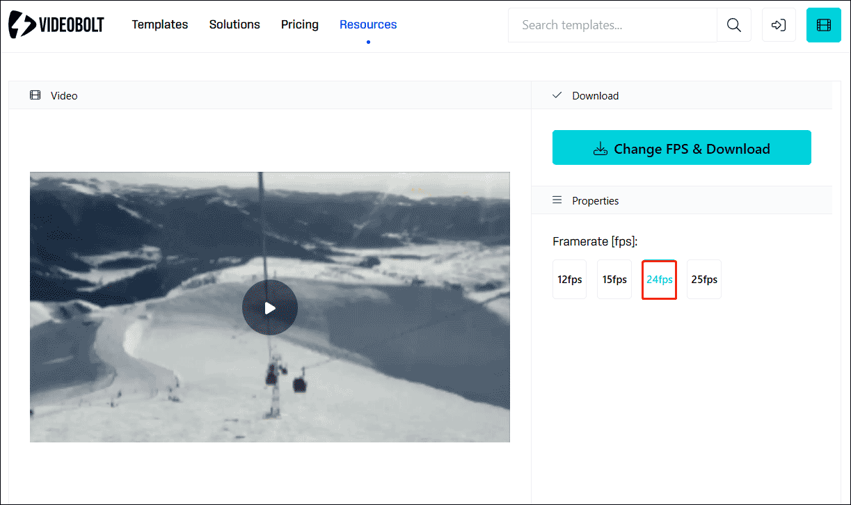 Videoboltで「24fps」を選択し、「Change FPS & Download」ボタンをクリック