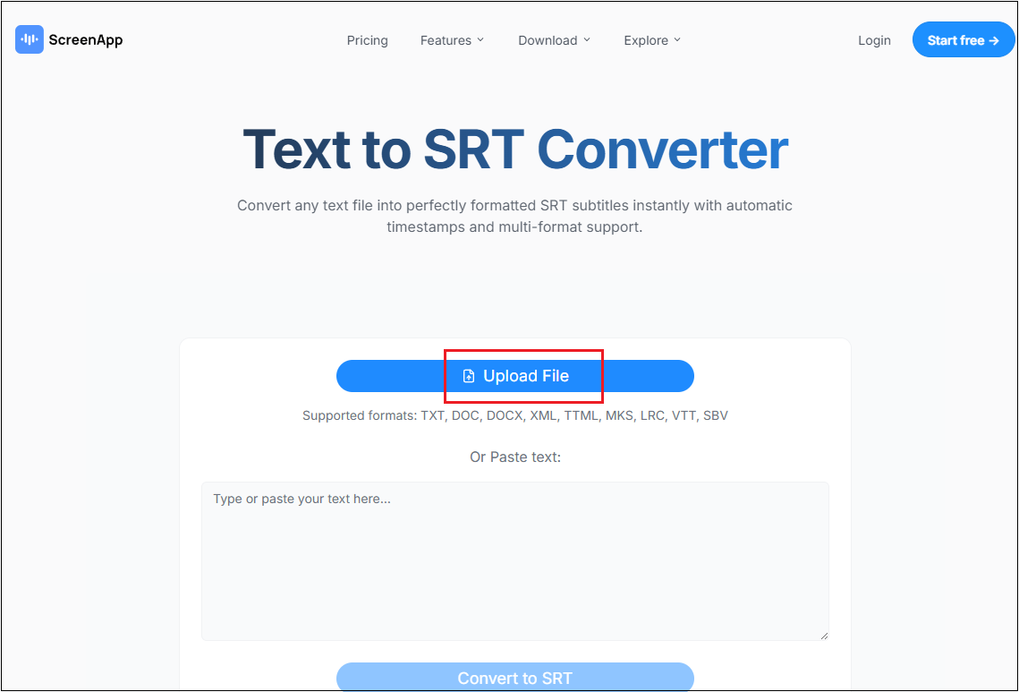Click the Upload File option to add your TXT file to ScreenApp