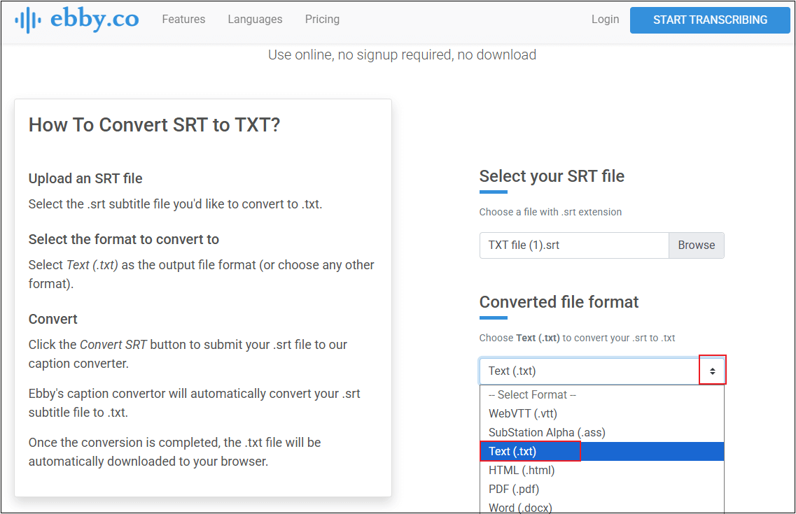 Select TXT as the output format in Ebby.co