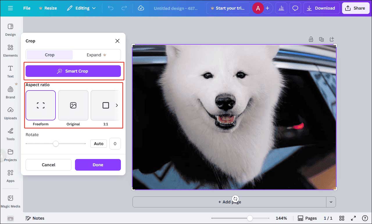 Canva interface with the Smart Crop and Aspect ratio selected on the left panel.