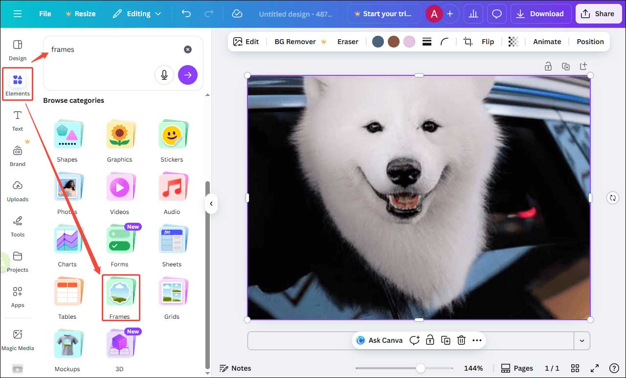 Canva interface that shows how to find Frames from the Elements tab on the sidebar.