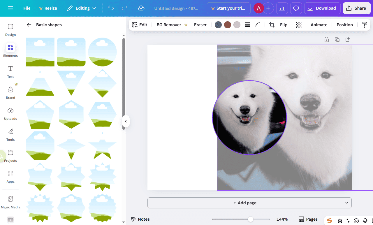Canva interface that shows how to drag the image into the shape frame.