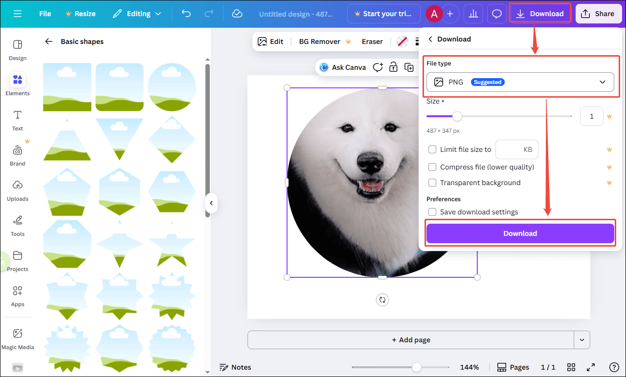 Canva interface that explains how to open the Download dropdown list and select a format.