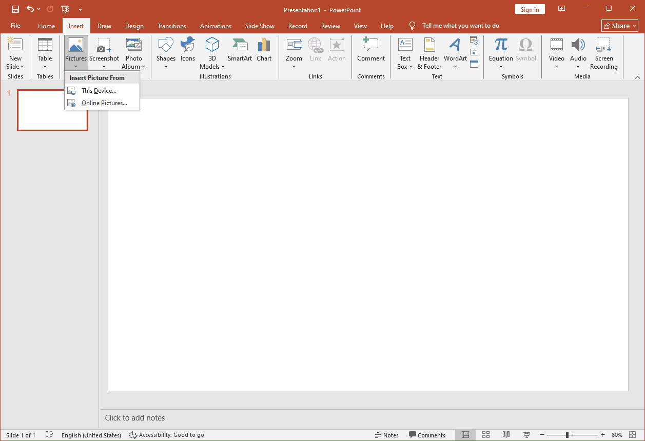 Microsoft PowerPoint interface with the Picture option selected in the upper-left corner.