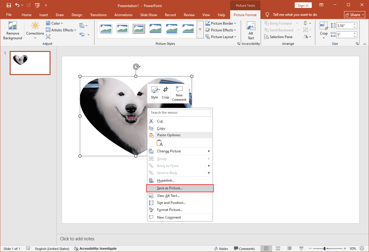 Microsoft PowerPoint interface with the Save as Picture option highlighted.