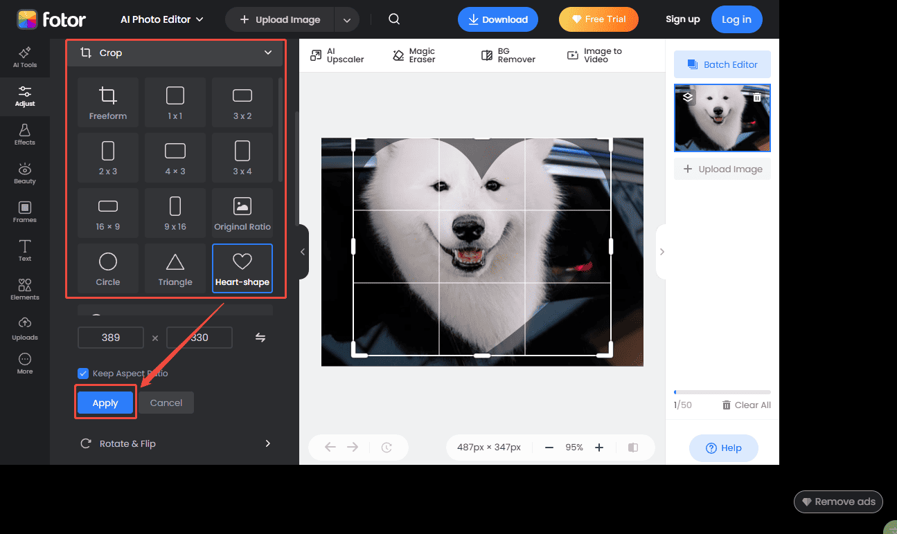 Fotor interface that shows how to crop the photo with the desired shape.