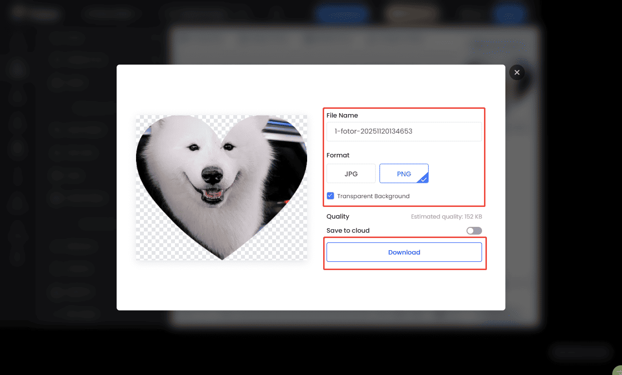 Fotor Download window with the File name and Format option.