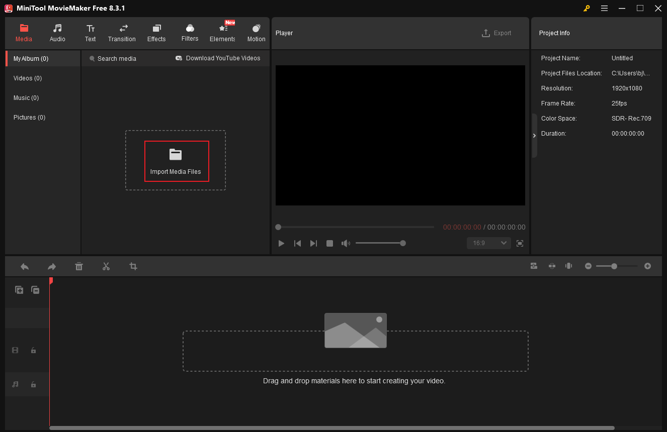 Click on the Import Media Files option in MiniTool MovieMaker to add the VOB video you want to crop