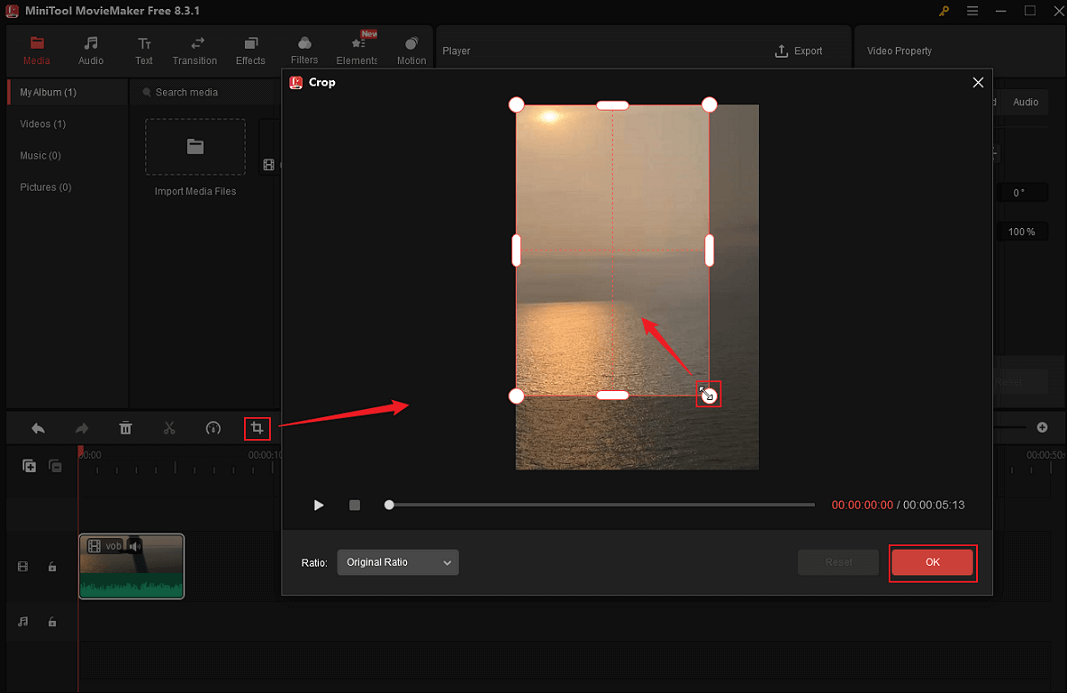 Drag the double-arrow icon to crop the VOB video in MiniTool MovieMaker