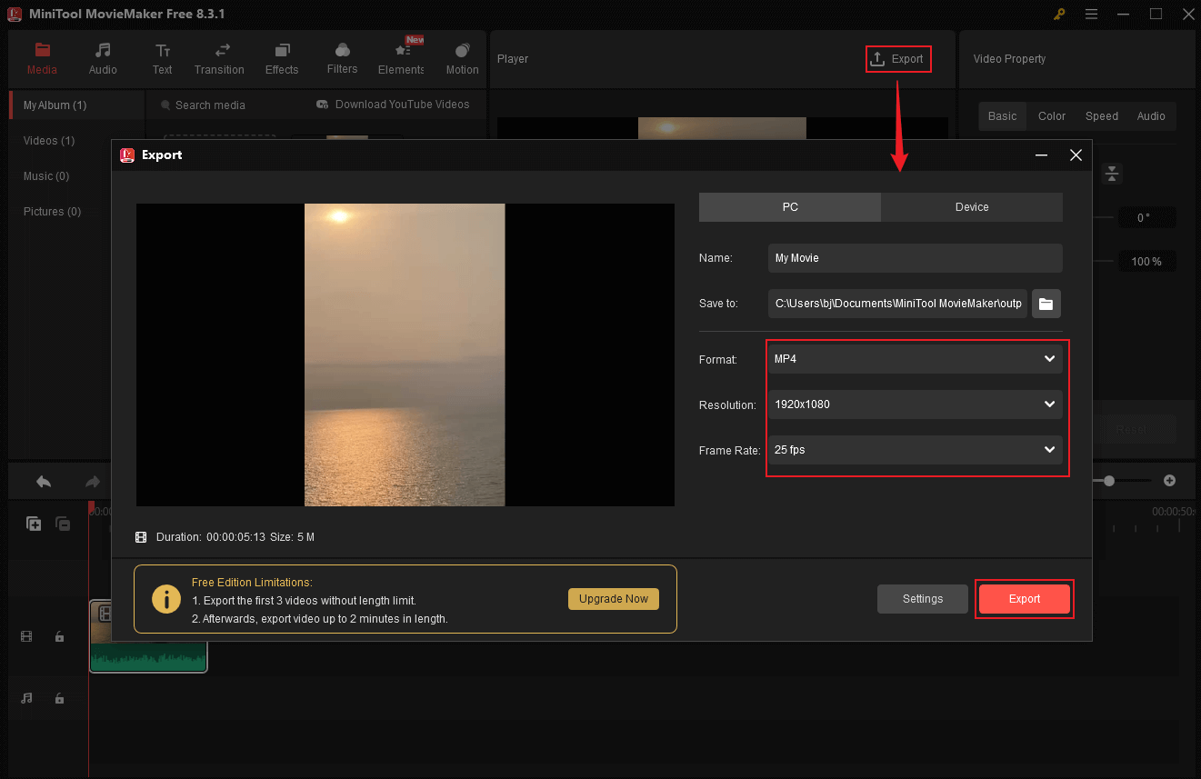 Select the output parameters and click the Export button in MiniTool MovieMaker’s Export window to save the VOB video