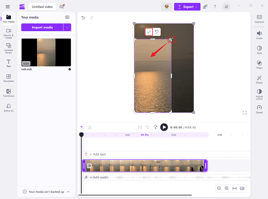 Drag the double-arrow icon inwards to crop the VOB video in Clipchamp