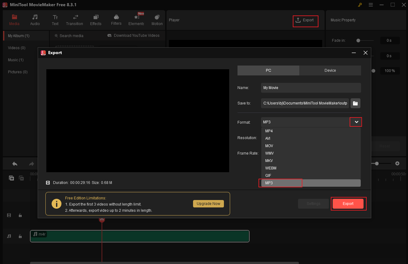 Set the output format to MP3 in MiniTool MovieMaker’s Export window