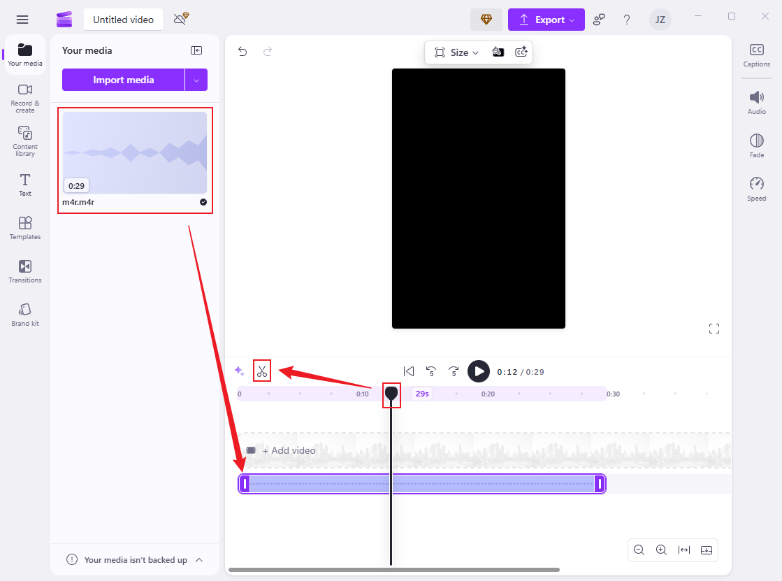 Drag the added M4R file to the timeline and cut it in Clipchamp