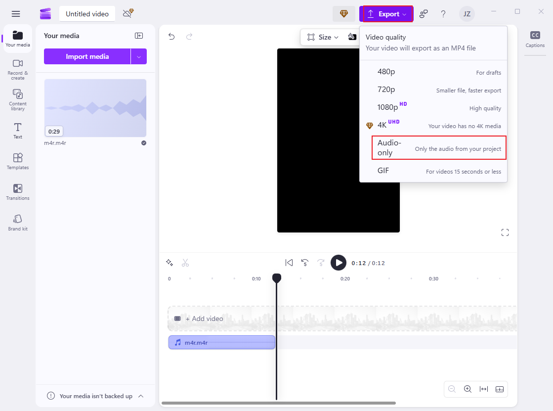 Choose Audio-only and export the file in Clipchamp
