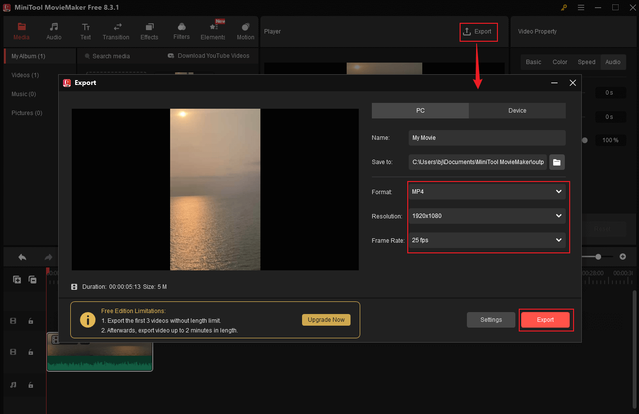 Configure the output video parameters and click Export in MiniTool MovieMaker to export the RMVB video