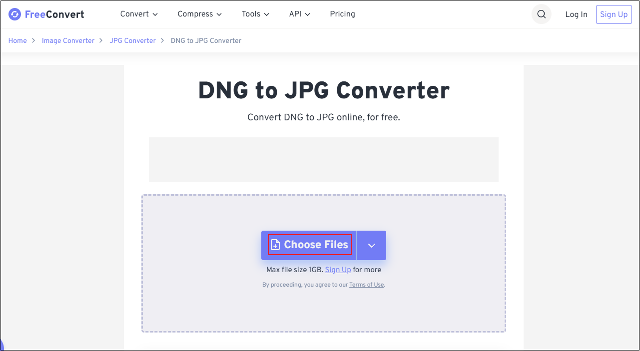 The Choose Files button selected in FreeConvert to upload the DNG file.