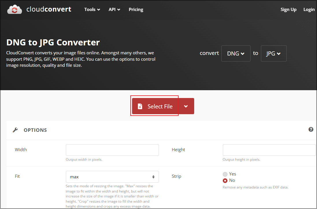 The Select File button selected in CloudConvert to import the target file.
