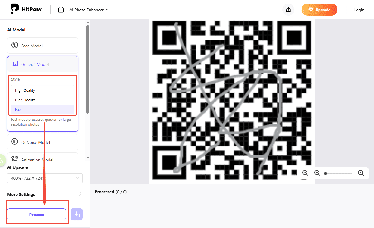 Hochladen des QR- Codes auf HitPaw und Herunterladen des verarbeiteten Codes.