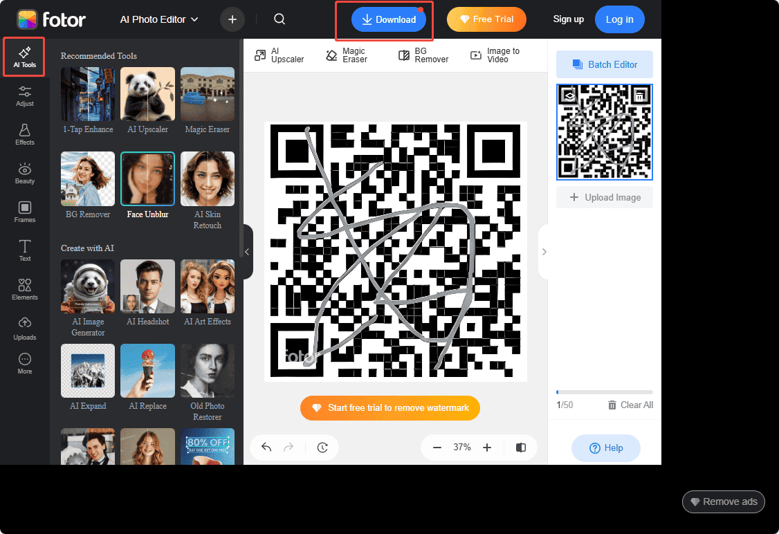 Verarbeiteten QR-Code von Fotor auf Ihrem Computer speichern.