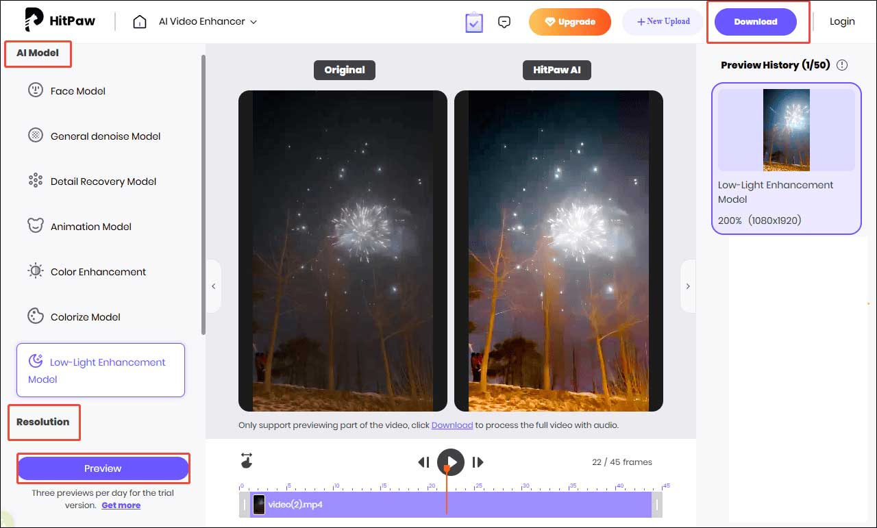 HitPaw interface that shows how to select the proper AI model and resolution to preview the video.