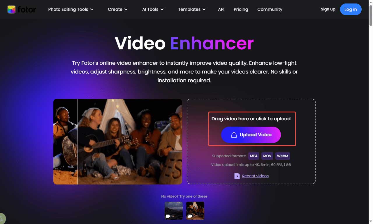 The selected Upload Video option on the right side of the Fotor website interface.