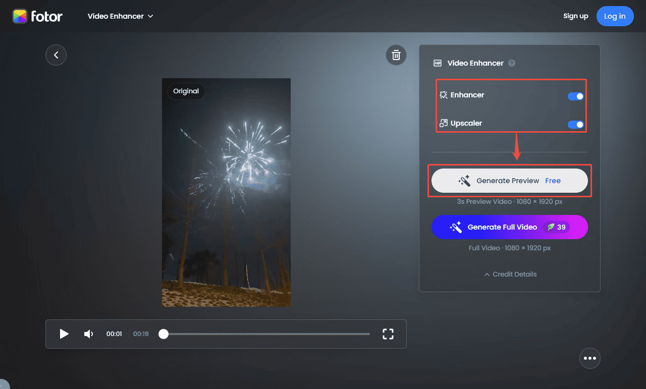 Fotor interface with Enhancer, Upscaler, and Generate Preview selected on the right side.