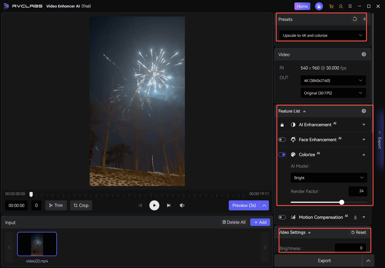 AVCLabs Video Enhancer interface that shows how to adjust enhancement settings.