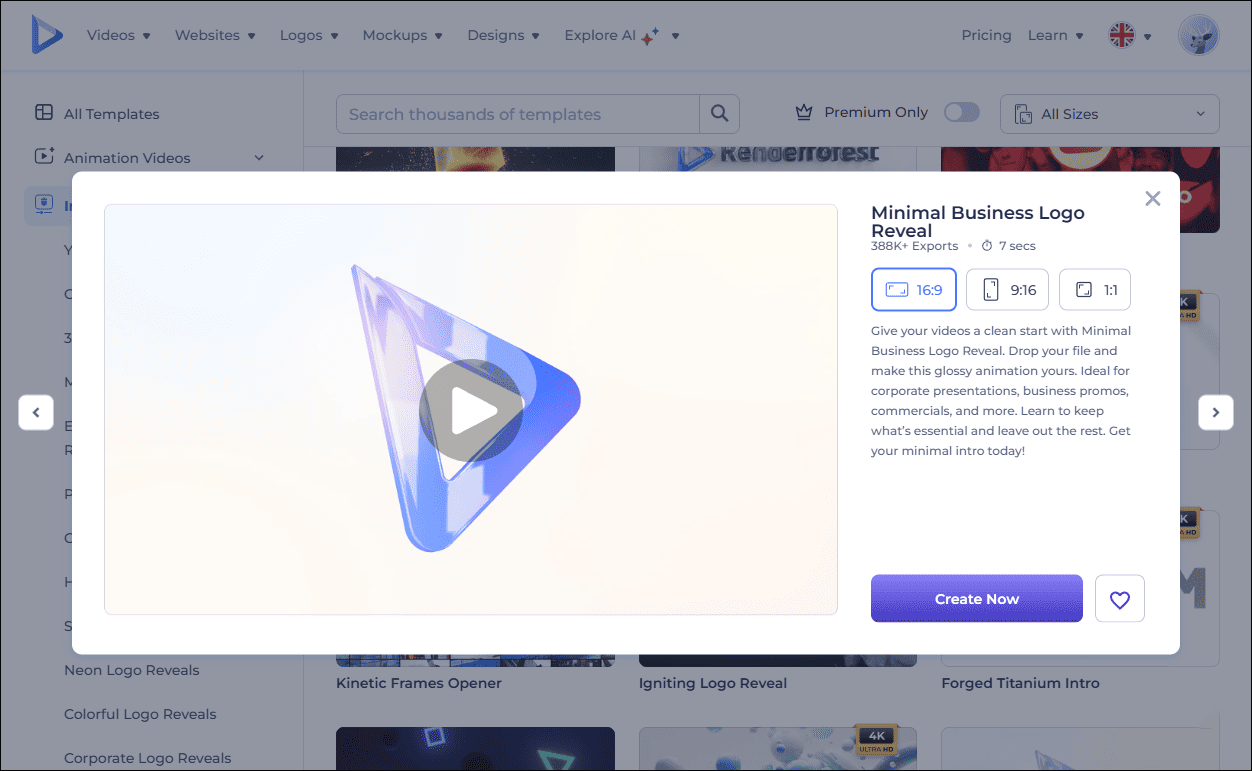 Select a proper aspect ratio and click Create Now to enter the editing interface in Renderforest