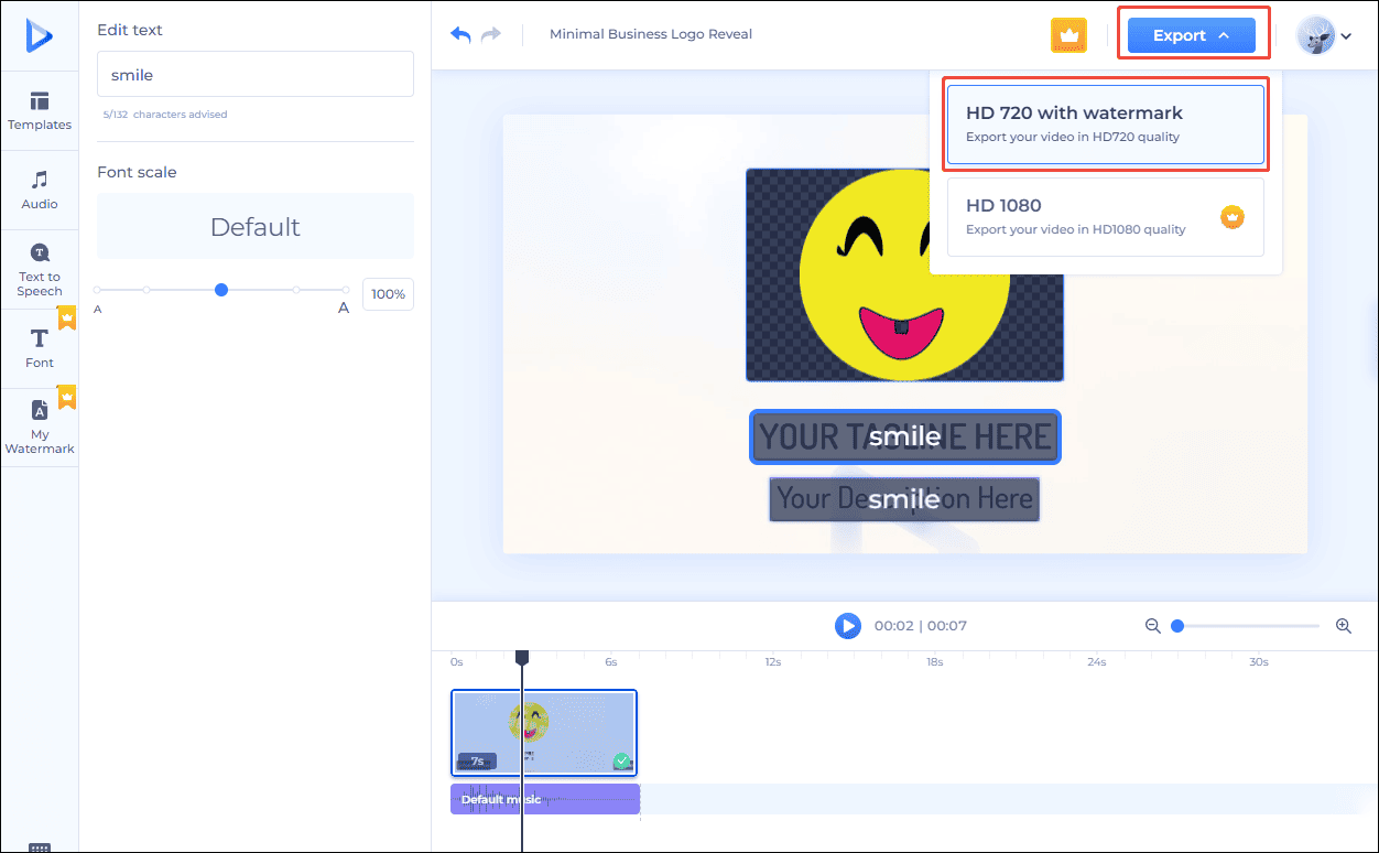 Click Export and select a proper resolution to save the video in Renderforest