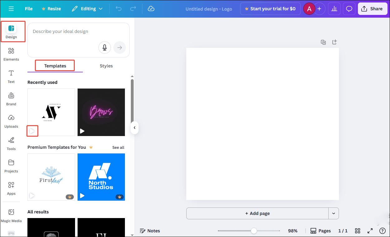 Click the Templates and hover your cursor over one to preview the animation in Canva