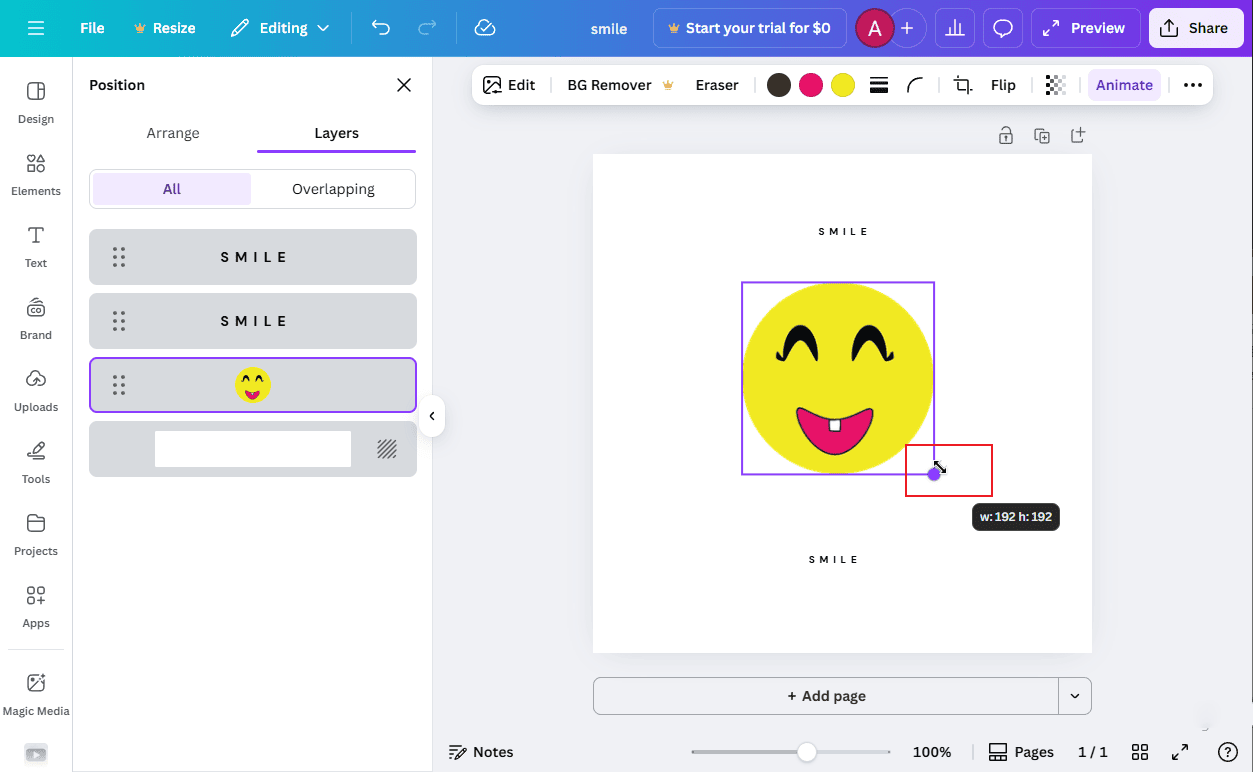 Hover the cursor over one of the corners of the image and drag it to adjust its size in Canva