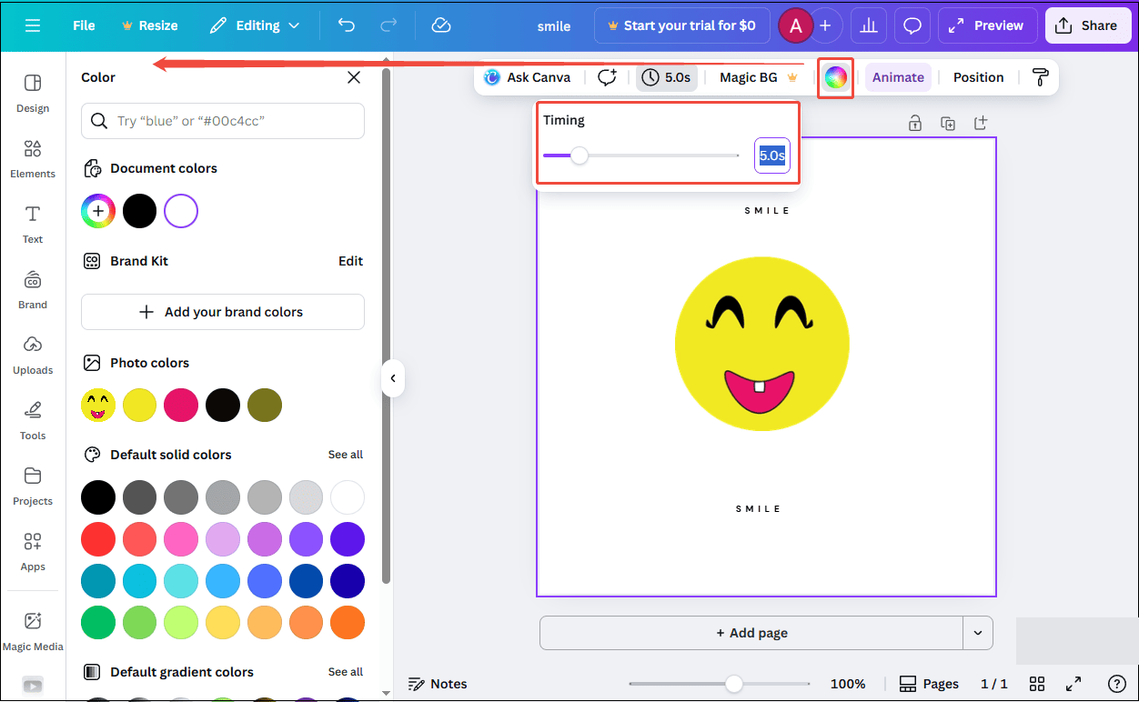 Click the page to select the background color and adjust the animation duration in Canva