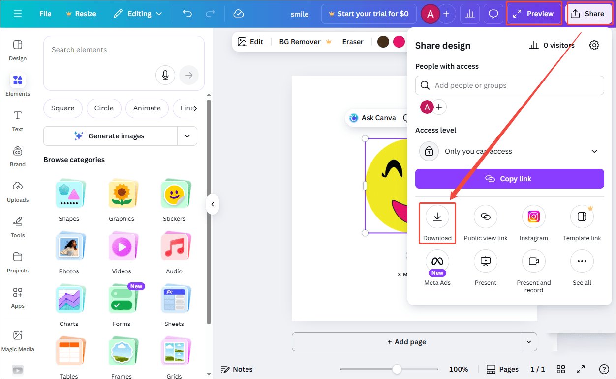 Click Preview to see the animation and click Share to select Download to save