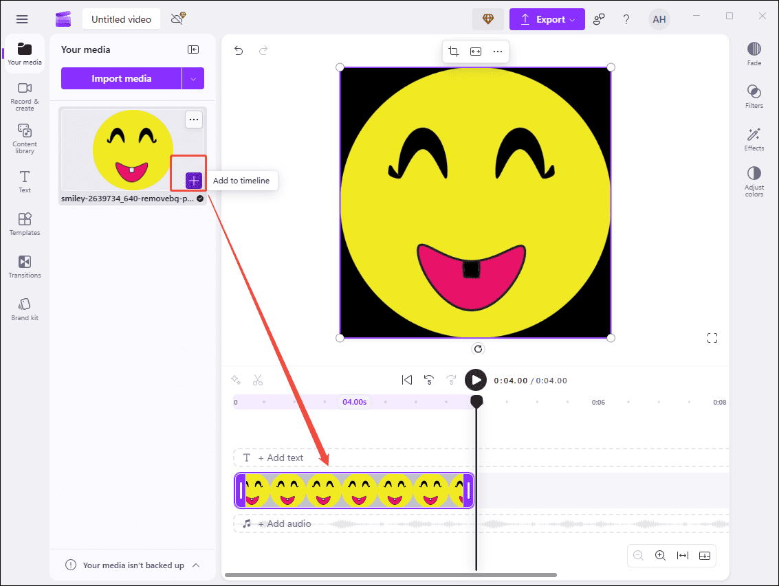 Click the Plus icon to add the image to the timeline in Microsoft Clipchamp