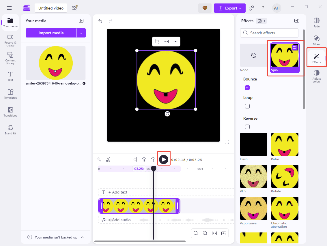 Click Effects to select a desired one and hit Play to preview the animation