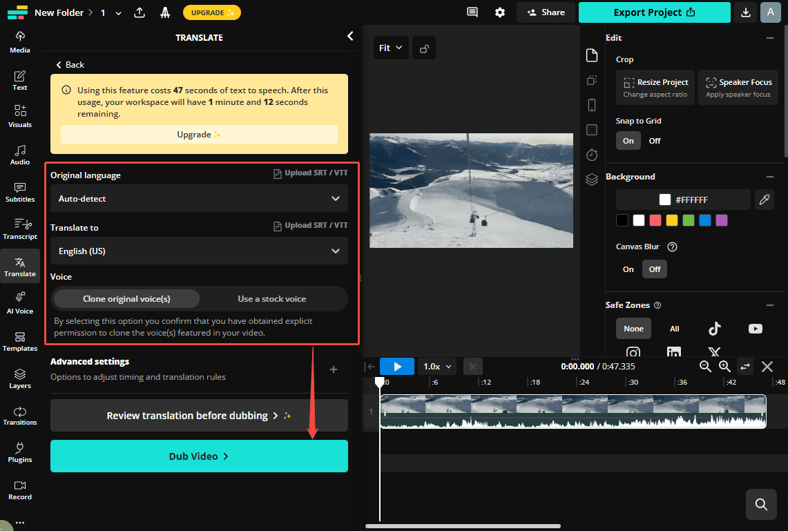 Select the target language and the voice to dub a new video