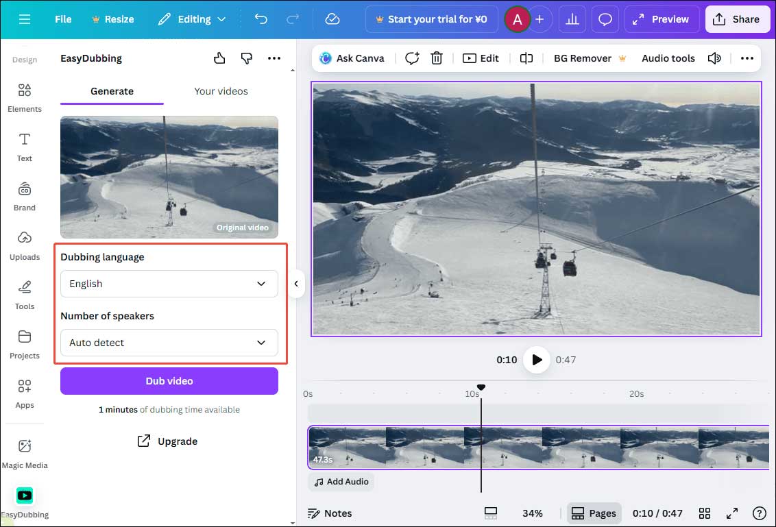 Select Dubbing language and Number of speakers to click the Dub video icon