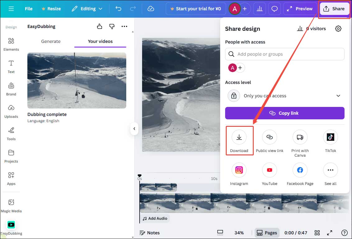 Click the Share icon to select Download to save the video to your computer