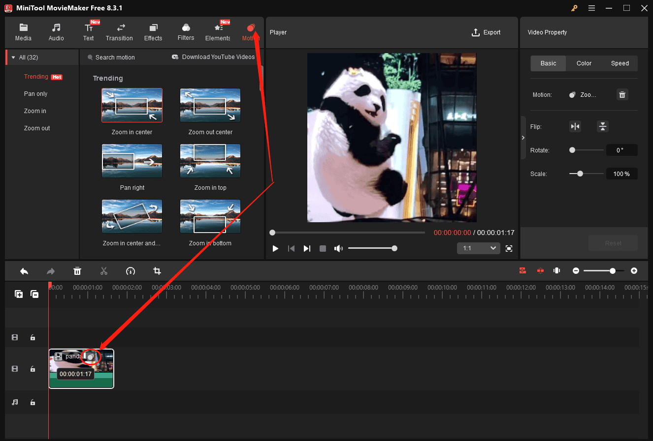 Add a motion effect to the GIF in MiniTool MovieMaker