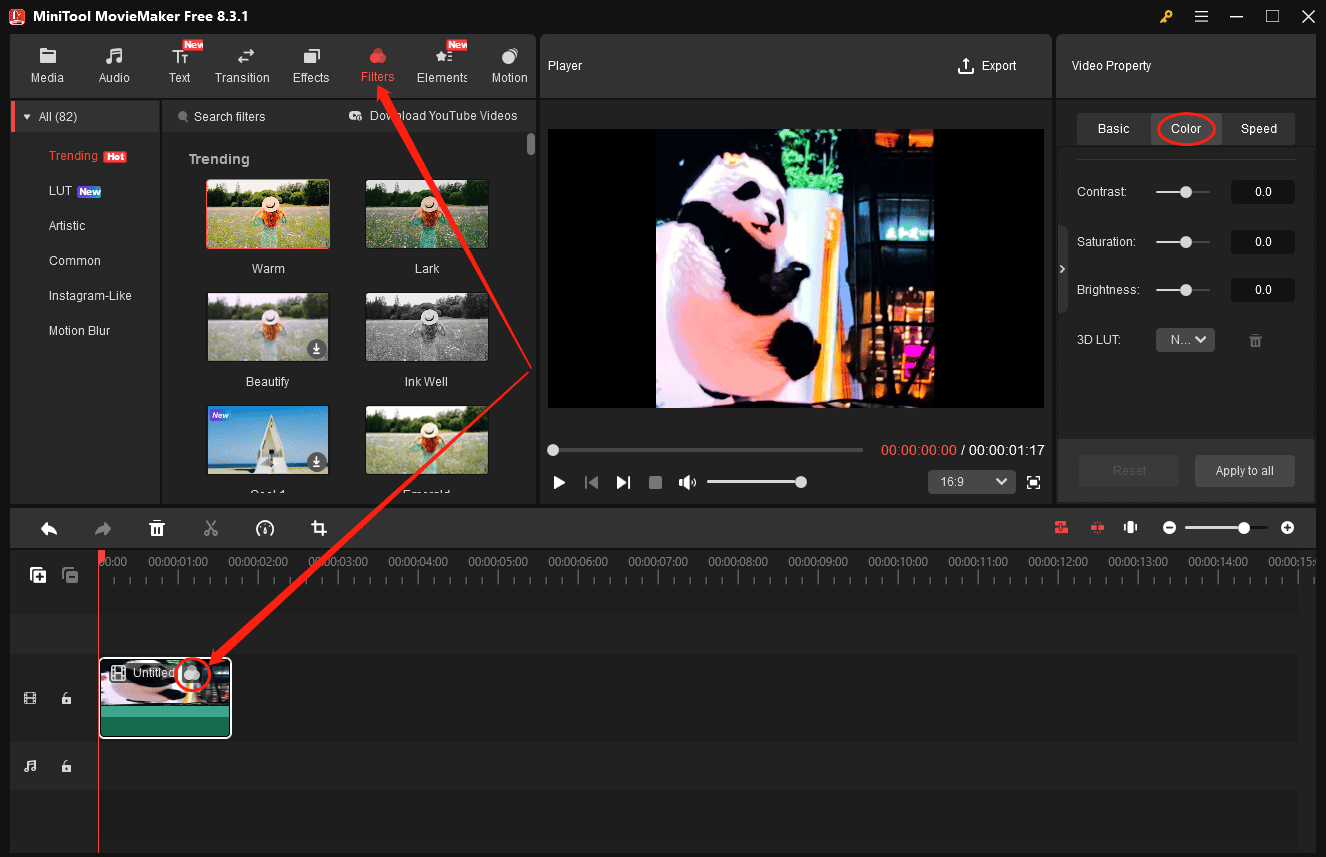 Recolor a GIF by color adjustments or applying filters in MiniTool MovieMaker